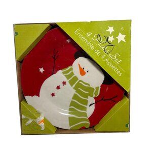 4 Snowman Plates Red & Green Holiday Design 7.5 Inch Ceramic Winter Festive